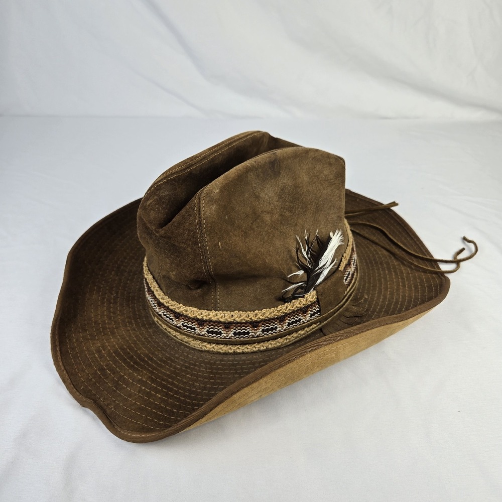 VTG Stetson Canadian Brown Suede Western Cowboy Knit Band and Feather Hat Size M